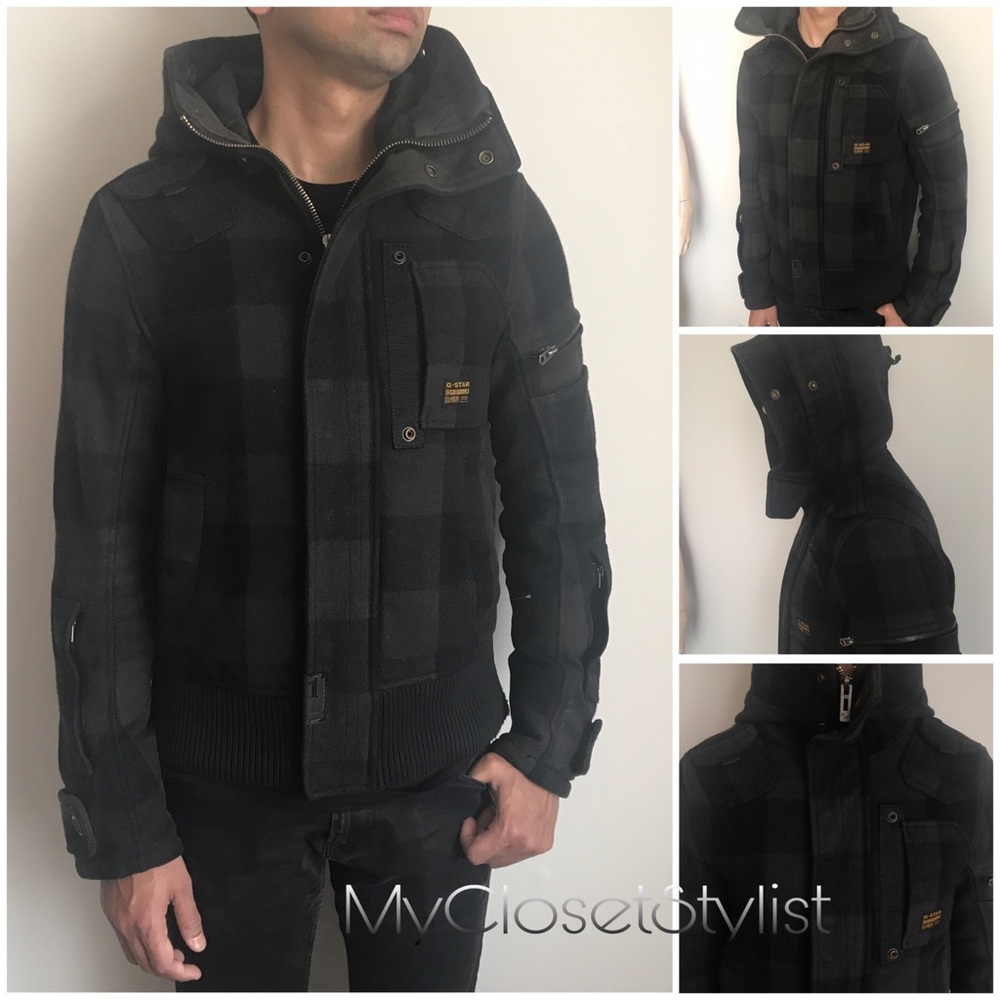 G STAR RAW Jacket Coat Plaid Wool Bomber Hood S M - Picture 2 of 9
